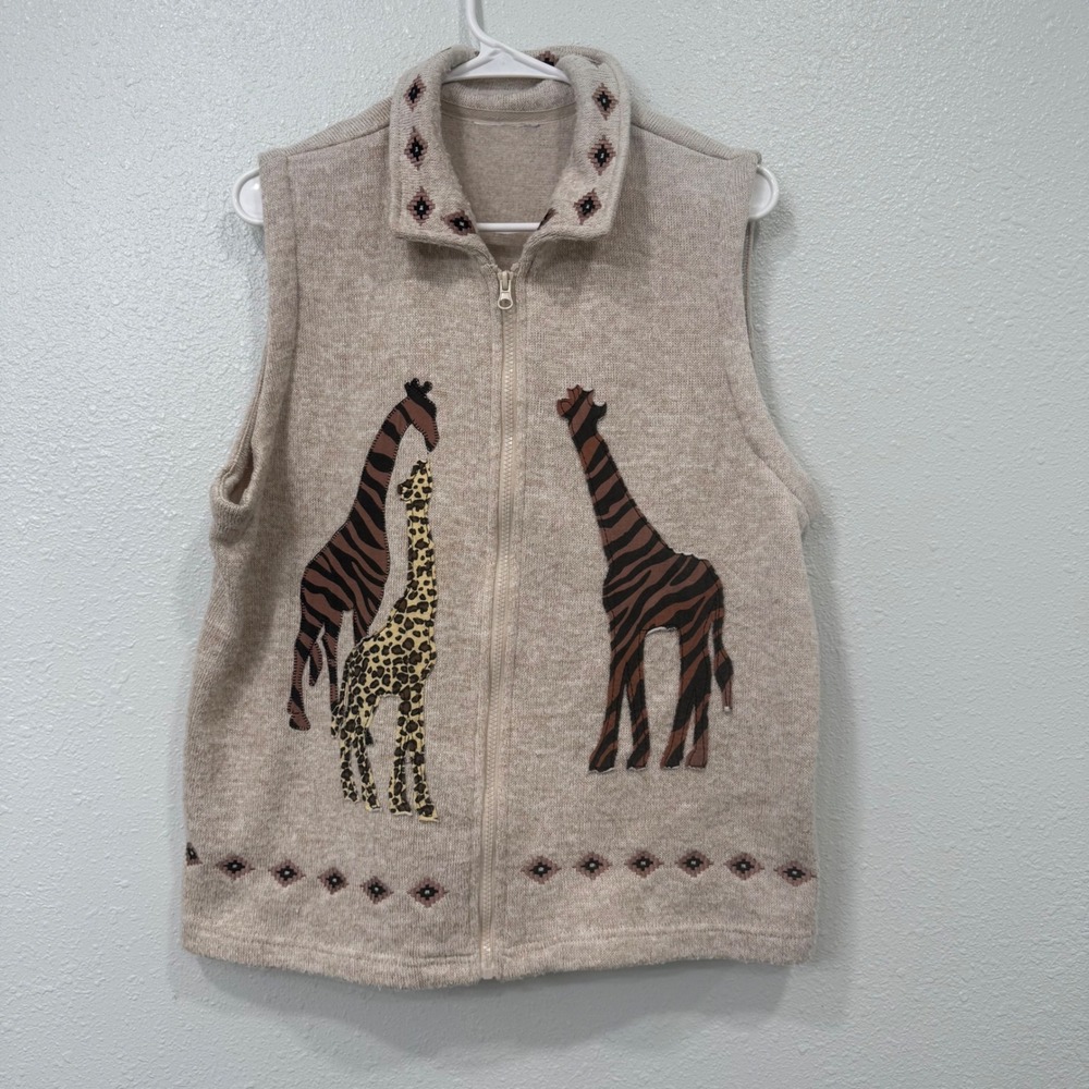 Vintage Giraffe Knit Vest Oatmeal Beige Full Zip Safari Animal Print Sleeveless